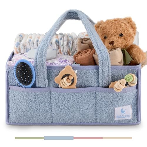 Image of Babylicious Baby Diaper Caddy Organizer | Changing Table Organizer for Wipes and Diapers | Teddy Diaper Organizer for Changing Table | Newborn Essentials Must Haves for Parents - Misty Blue