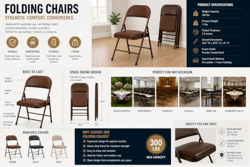 Image of Laddoo Foldable Metal Chair with Cushion Seat & Backrest | Heavy-Duty Steel Frame | Space Saving Portable Chair for Home, Office, Events (Brown)