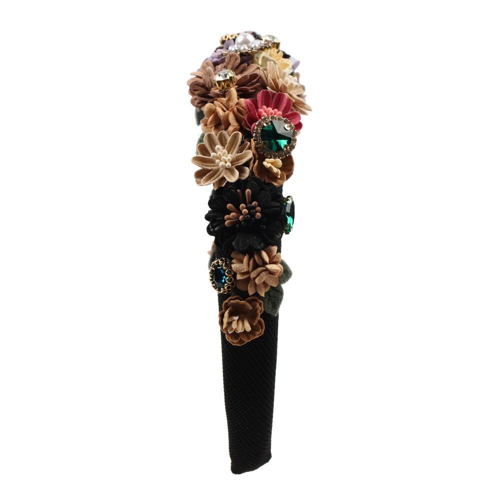 Diademas de esponja de flores de perlas de cobertura completa, cuentas gruesas de piedra de cristal, accesorios para el cabello para mujer, diadema con diamantes de imitación (color negro)