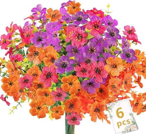 N&T NIETING Flores artificiales al aire libre, 6 paquetes de flores de plástico resistentes a los rayos UV al aire libre Flores de imitación plantas falsas flores para jardín bodas jardineras flores