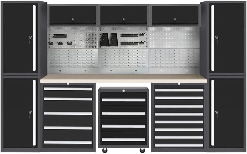 JZD Metal Garage Workbench with Storage and Cabinets for Workshop Utility Room, Included One Tool Cart, Wall Mounting Not Necessary