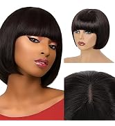 MY-LADY Short Bob Wig With Bangs Human Hair 8 Inch Yaki Straight Realistic Lace Glueless Wigs Blu...