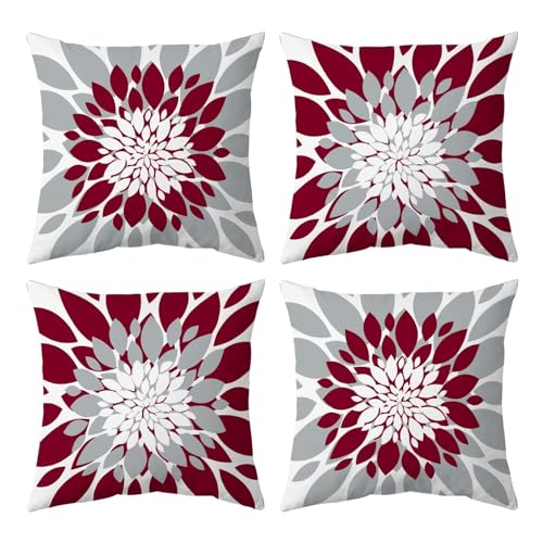 Qahing Pack of 4 Outdoor Waterproof Pillow Covers 18x18 Decorative Outdoor Throw Pillows Garden Square Cushion Cases for Patio Furniture, Couch, Tent Sunbrella, Bench, Burgundy Red Grey