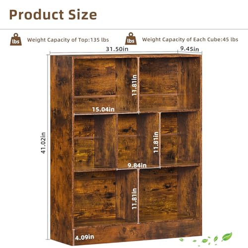 LEYAOYAO 7 Cube Bookshelf with Base,3 Tier Mid-Century Modern Brown Bookcase,Standing Wide Bookshelves Storage Organizer Shelf,Rustic Wood Display Cabinet Book Shelves for Bedroom,Living Room,Office