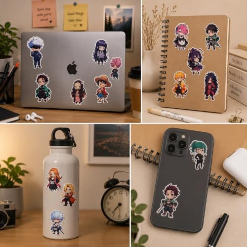 Image of Pack of 50+ Mix Anime Chibi Characters Stickers for Laptop, Phone Case, Guitar, Bike, Pc, Scrapbook etc. Waterproof Glossy Laminated Residue Free Anime Stickers