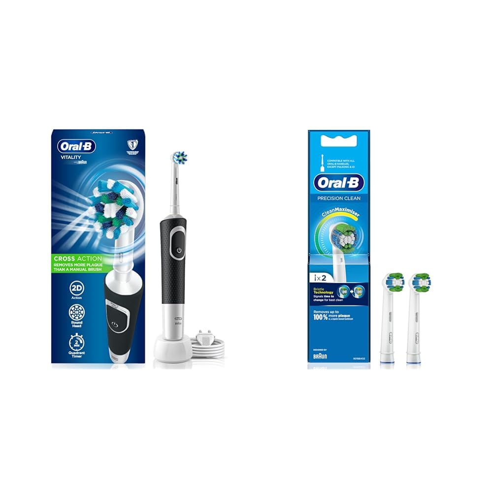 Oral-B Vitality 100 Black Criss Cross Electric Rechargeable Adult Toothbrush & Original Precision Clean Electric Toothbrush Soft Replacement Brush For Vitalty,Pro,Smart Series, 2 Refills