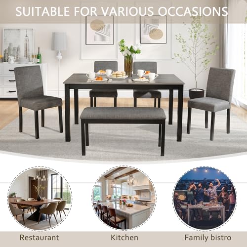 Image of KEIKI 6-Piece Standard Height Dining Table Set with Rectangular Table, 4 Upholstered Curved Backrset Chair, Bench, for 6 Person, Modern Table Set, Easy Assembly, for Kitchen, Dining Room, Black+Gray