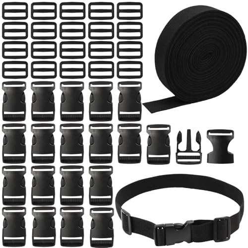 VEUWOLM 20M x 25 mm Gurtband mit 20 Paare Schnallen, Schweres Nylon Gurtband, Einstellbare Kunststoffschnalle, Schwarz Polypropylen Gurte für Rucksack Tasche Koffergurt Gürtel