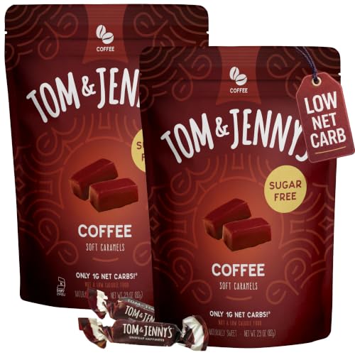 Tom & Jenny's Sugar Free Candy (Soft Caramel) with Coffee and Vanilla - Low Net Carb Keto Candy - with Allulose and Maltitol - (Coffee Caramel, 2-pack)