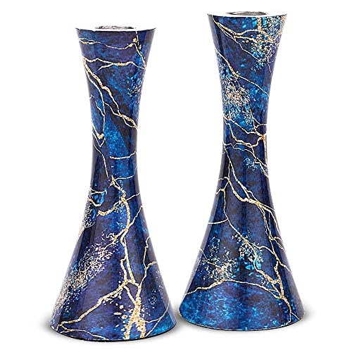 Zion Judaica Marbel Decal Candle Holder Set of 2 - Marbleized Metal Modern Candlesticks 6.75