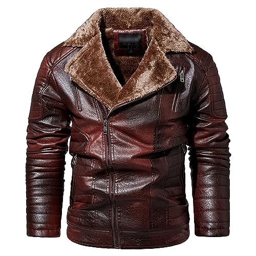 Manteau sherpa pour hommes en cuir chaud épais veste d'hiver de moto à fermeture asymétrique