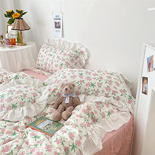 Image of VM VOUGEMARKET Girls Ruffle Bedding Set Twin XL 3 Pieces Pink Flower Duvet Cover Set with Lace Edge-100% Cotton Elegant Princess Style Comforter Cover-68x90 Inch
