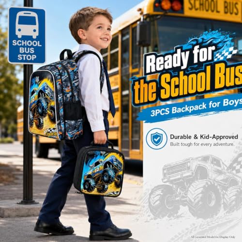 Image of Truck backpack, 16 inch Boys Cars Kids Bookbag with Lunch Box, 3Pcs School Backpacks for Elementary Preschool Kindergarten (Black)