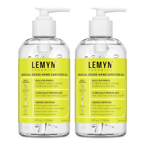 Image of Lemyn Organics Medical‑Grade Hand Sanitizer Gel – 97 % Organic | 70 % USP Ethyl Alcohol | Moisturizing Aloe + Hyaluronic Acid | Freshly Made in USA | 8oz Bottle with Pump (PACK OF 2)