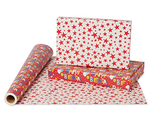 American Greetings Reversible Wrapping Paper, Happy Birthday Lettering And Stars (1 Jumbo Roll, 175 Sq. Ft.) #TOP1