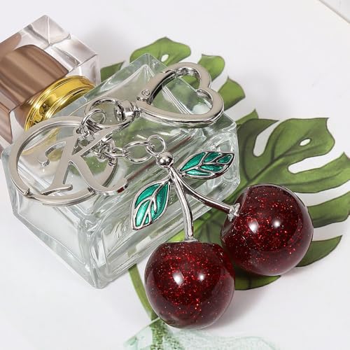 Heart-Shaped Keychain with Initial A-Z and Cherry Charm Bag Charms for Women,Car Accessories