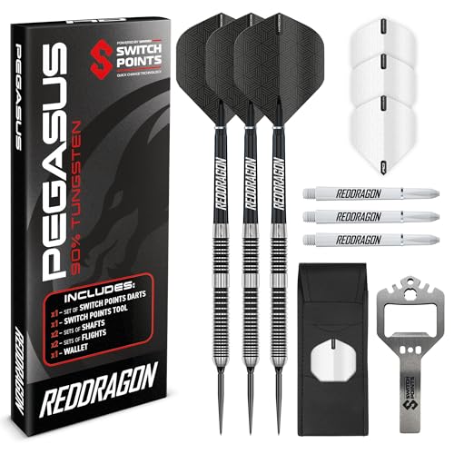 Dardos de tungsteno RED DRAGON Pegasus de 24g con puntas de acero Winmau y estuche protector