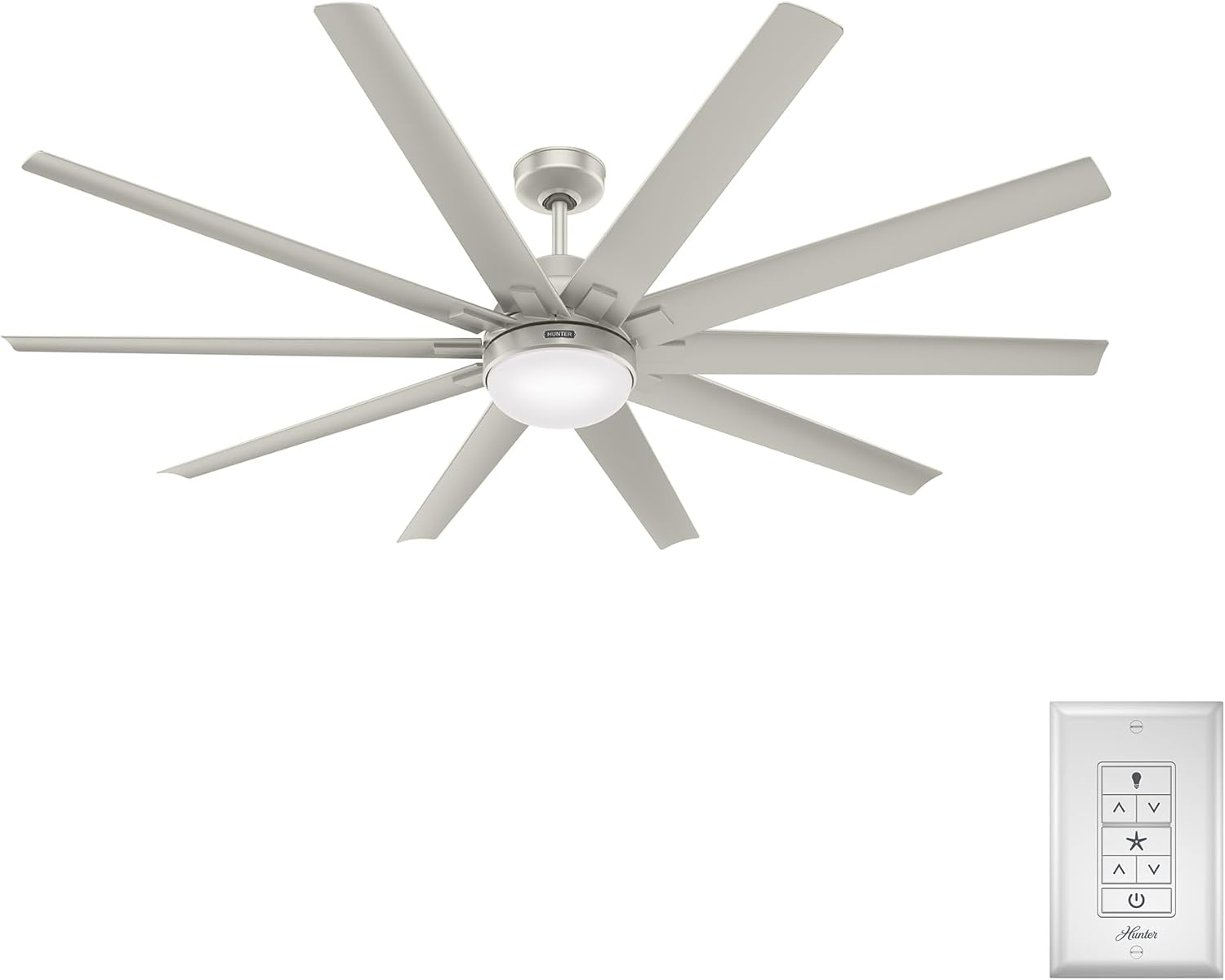 Hunter 72 inch Outdoor or Indoor Ceiling Fan with LED Light - Ceiling Fan with Wall Control, For Patio, Garage, or Porch, Quiet, Standard Mount, 10 Blades - Overton 50718, Matte Nickel