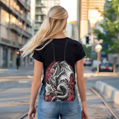 Image of jejeloiu Medieval Fantasy Dragon Drawstring Backpack 13x15.7inch Red Rose Waterproof Gym Drawstring Bags Damask Print Sports String Backpack Beach Swim Travel Bag Sackpack