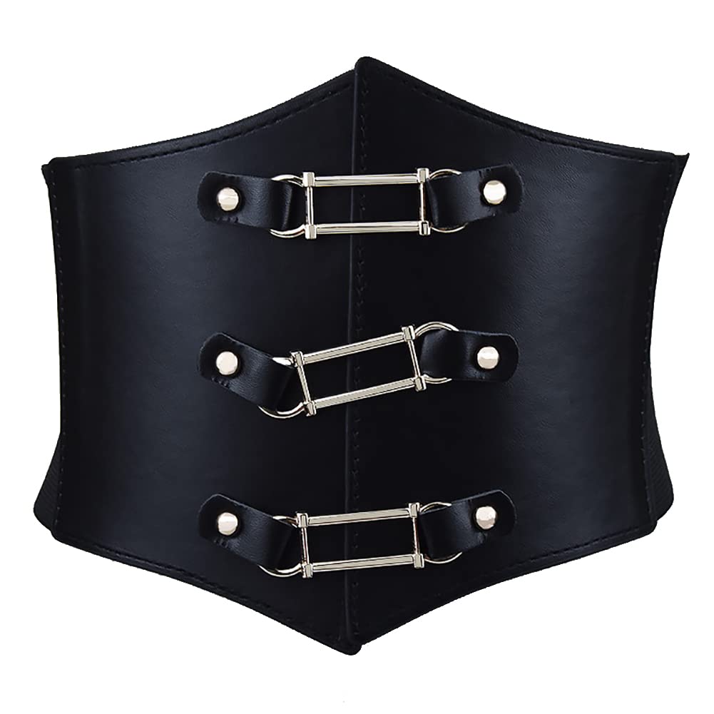 8716 Leather Stretchy Wide Corset Waist Belt,black Waspie Skinny Buckle DTWAWA Black Corset Belts for Women, Wide Elastic Tied  main image 2