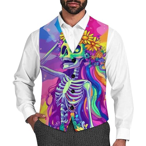 Skeleton Women Rainbow Men's Suit Vests Business Formal Dress Vest V-Neck Waistcoat for Wedding Casual