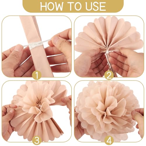 Image of EASY JOY Boho Tissue Paper Pom Poms Tissue Paper Flowers (15PCS) Champagne Brown Dusty Pink Neutral Party Decorations,for Bridal Shower Baby Shower Decorations for Girl, Wedding, Birthday Party