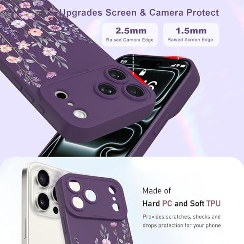 Image of Designed for iPhone 17 Pro Max Case Flower for Women, Dark Purple | Cute Floral Pattern Liquid Silicone Phone Case [Full Camera Protection] Slim Soft TPU Protective Cover