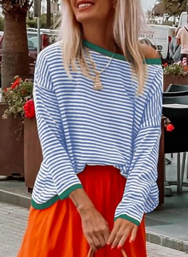 Image of Womens Striped Lightweight Cotton Sweaters Long Sleeve Crew Neck Color Block Casual Knitted Pullover Tops
