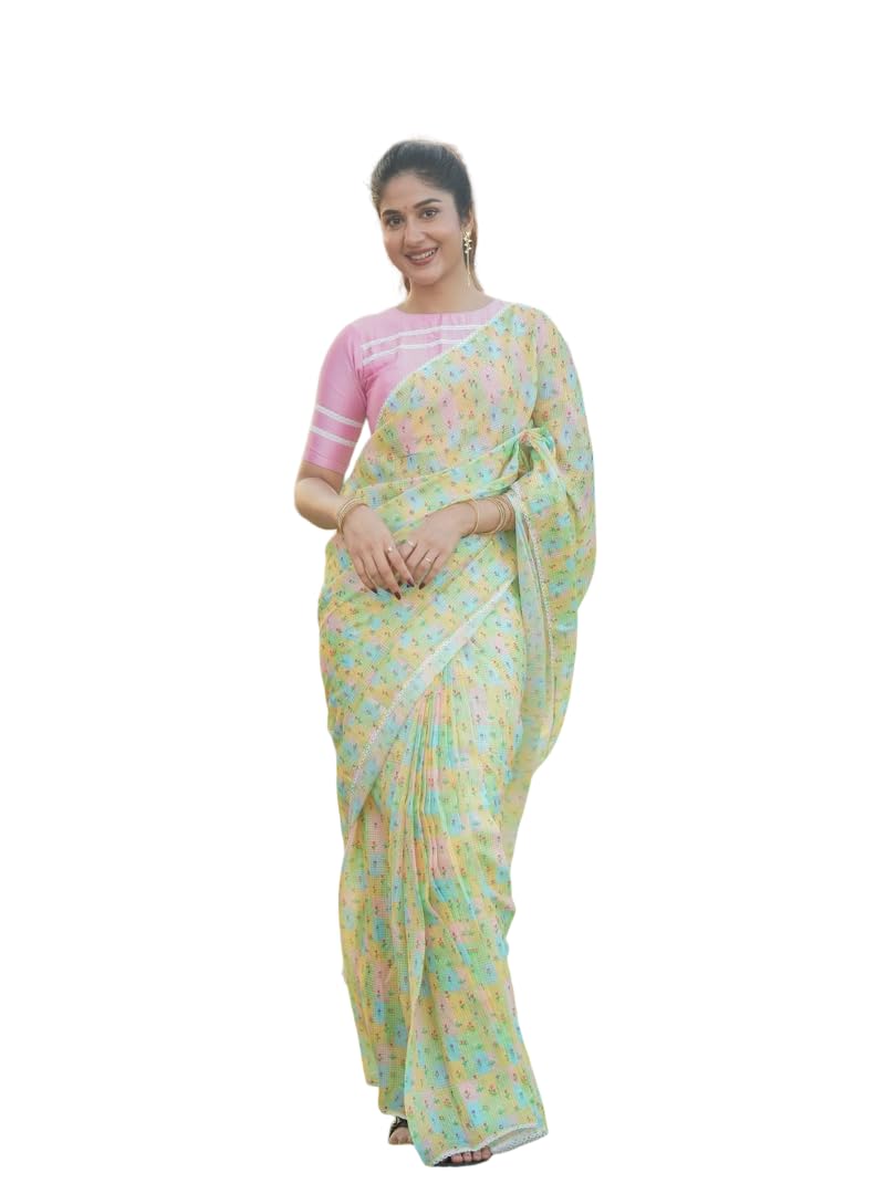 femori Linen Saree, Pastel Multicolour Checks with Floral Print, Soft Lightweight, Casual & Office saree, with Blouse Piece-picture-35