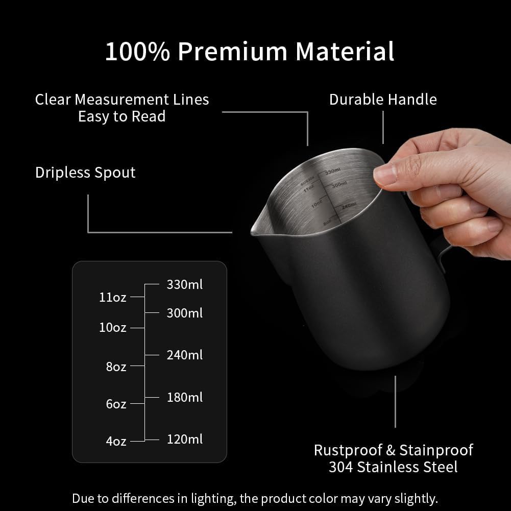 watchget - Jarra de espuma de leche de 350 ml, jarra de acero inoxidable para espumar leche, capuchino, latte, accesorios para máquina de café, jarra de leche, taza espumadora de leche, color negro