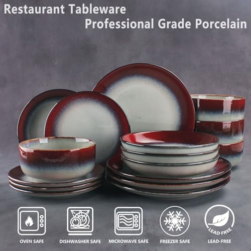 Image of Ceramic dinnerware set, 16 pieces, serving size 4, modern style, includes salad plate and cereal bowl, microwave and dishwasher safe. Ink Red
