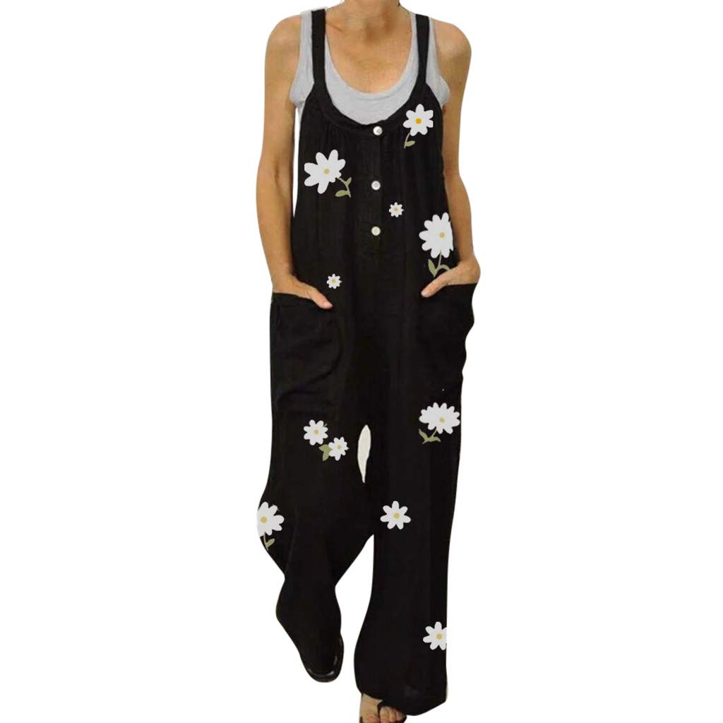 Generic Peto de verano para mujer, algodón y lino, traje de pantalón bohemio, estampado sin mangas, traje deportivo para niña, elegante, pantalones casuales, pantalones de verano de pierna ancha, largos,