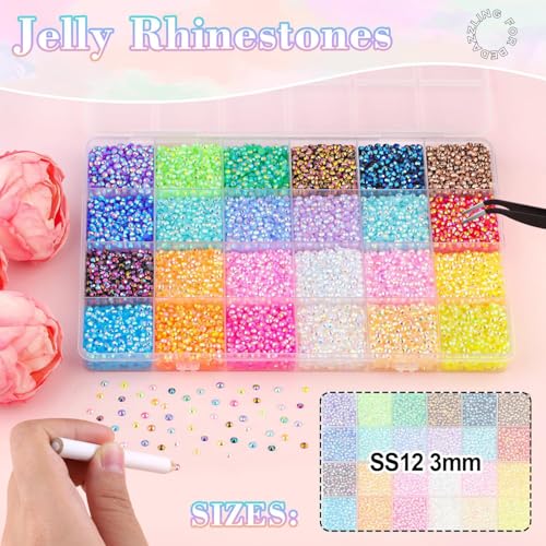 Image of Resin Jelly Rhinestones for Bedazzling, 24 Colors 3mm Flatback Gems with B-7000 Glue and Tweezers, Assorted Multicolour Crystals for Clothing, Shoes, Crafts