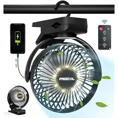 Portable Clip on Fan 65 Working Hours, Camping Fan with LED Lights & Hook, 12000 Capacity Battery Operated Fan with Clamp, USB Rechargeable for Desk, Tent, Treadmill, Stroller, Golf Cart, Home Cover