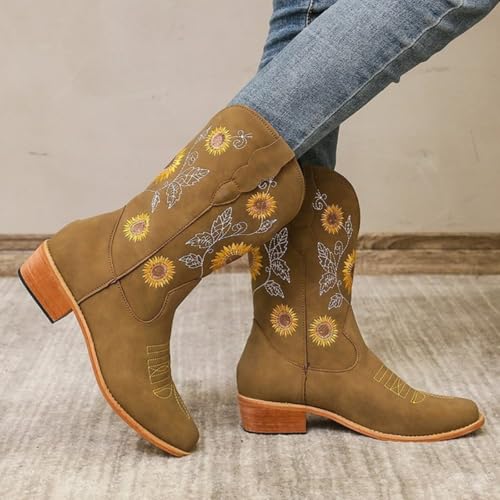 Womens Sunflower Embroidered Low Chunky Heel Mid Calf Boots Fashion Square Toe Pull On Cowboy Cowgirl Boots Winter Walking Western Boots3