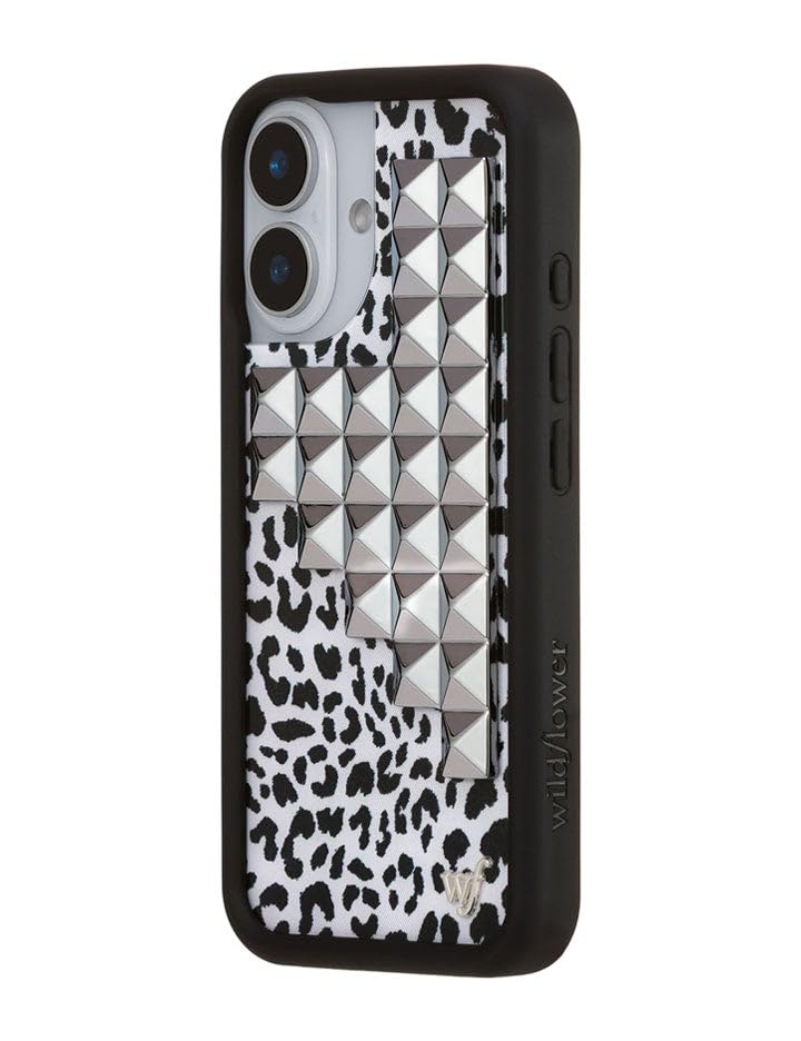 Image of Wildflower Cases - Compatible with iPhone 16 | Protective Black Bumper, 4ft Drop Certified, Women Owned Small Business | White Leopard Original Silver | Stud Pyramid Collection - Snow Meow
