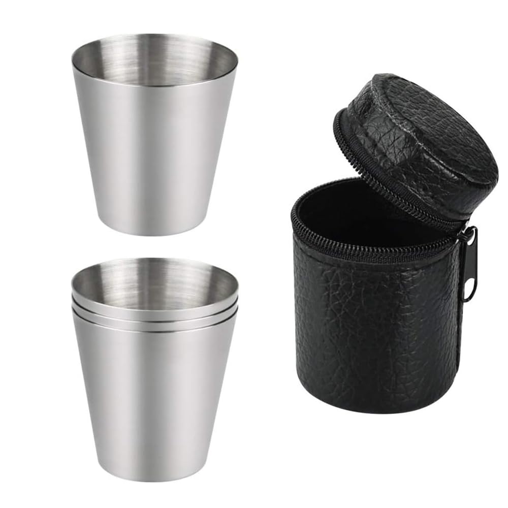 RcialrH 5 PCS Mini Stainless Steel Cup Set with Black Leather Bag 30ml Metal Portable Shot Glasses Reusable Outdoor Cup Stackable Drinking Glasses for Camping Picnic Wine Hiking Beer Party Whiskey