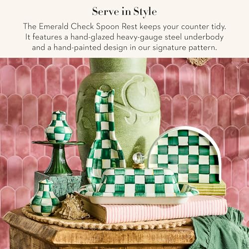Image of MACKENZIE-CHILDS Enamel Spoon Rest, Green-and-White Emerald Check