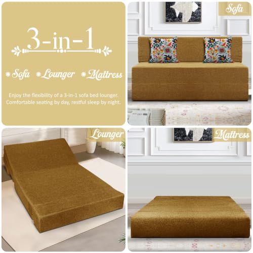 Image of Los Angeles Foldable Two Seater Sofa Cum Bed, Sofa Bed 4 X 6 Feet Jute Fabric Washable Cover- Including Cushion Perfect for Living Room - Golden