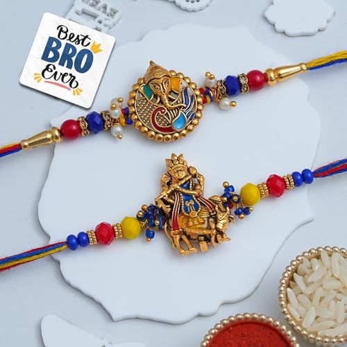 Image of eCraftIndia Set of 2 Multicolor Religious Om Symbol and Peacock Designer Rakhis with Roli Chawal Pack and Best Bro Ever Fridge Magnet - Rakhi for Brother