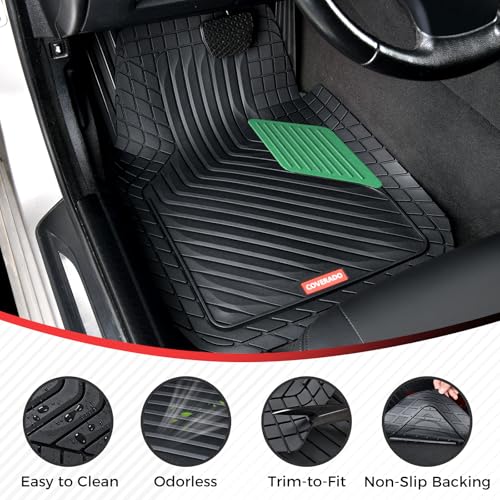 Image of Coverado Car Floor Mats Full Set - Heavy-Duty PVC Floor Mats with Green Metallic Heel Pad, All-Weather Protection for Front & Rear, Non-Slip Backing, Easy-Clean Interior Liners