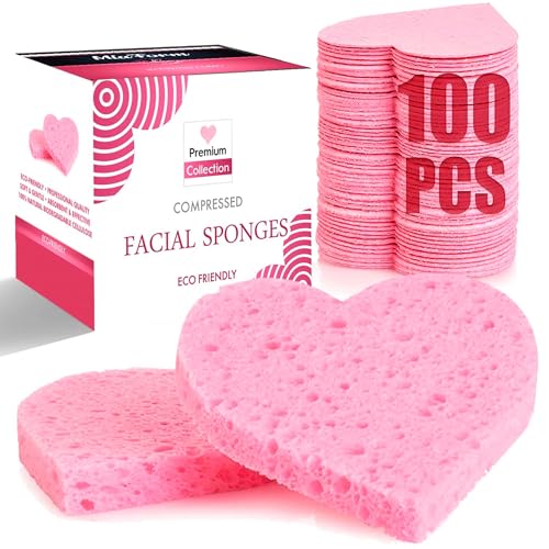 100-Count Compressed Facial Sponges, 100% Natural Cosmetic Spa Sponges for Facial Cleansing, Exfoliating Mask (Pink Heart)