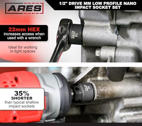 Image of ARES 29020 15-Pc 1 /2in Metric Nano Sockets, Low Profile, w /Rail