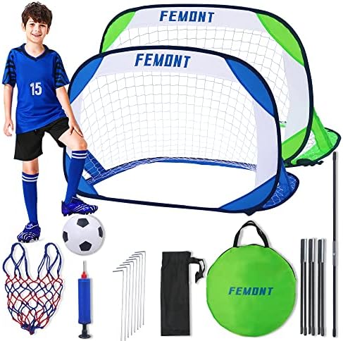 Femont Folding Pop Up Soccer Goals Set,2 Packs Portable Soccer Nets with Carrying Bag, Soccer Ball with Soccer Ball Net Bag, Football Gates for Kids for Indoor Outdoor Games Practice Training