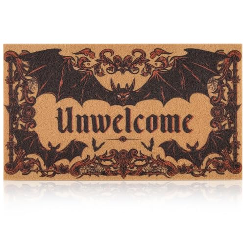 Fttoyoly Halloween Door Mat for Front Door, Spooky Halloween Doormat with Bat, Indoor Outdoor Doormat with Unwelcome Pattern, Gothic Decor for Porch, Entryway, 17'' x 29.5”
