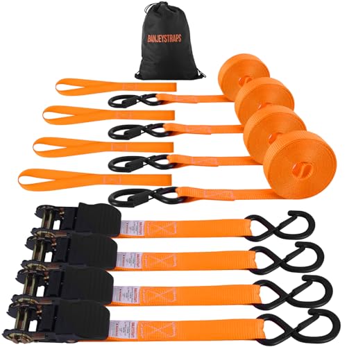 1 x20FT Extra Long Ratchet Straps with S-Hooks & Soft Loops (4-Pack) - 1 750lb Heavy Duty Tie Downs for Truck Trailer Boat Motorcycle & Construction