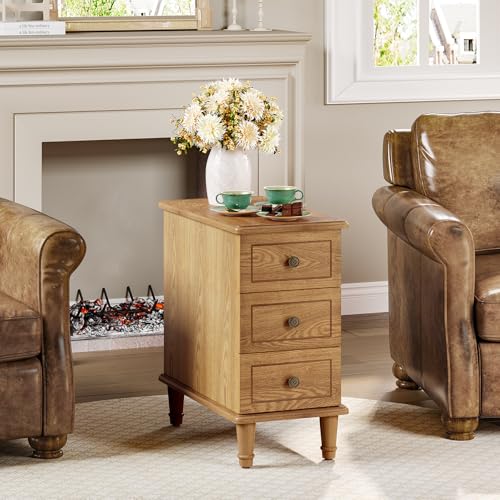 LITTLE TREE Fully Assembled End Table, Narrow Bedside Table with 3 Drawers, Vintage Nightstand for Small Spaces, Living Room, Bedroom, Natural Color by LITTLE TREE - Image 3