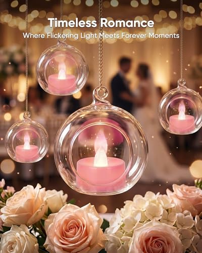 Image of Homemory Pink Tea Lights Candles Battery Operated, Flickering Flameless LED Votive Candles, Pure White Tealights for Bridal Shower, Girl Baby Shower, Valentine's Day, Romantic Decor, 50-Pack
