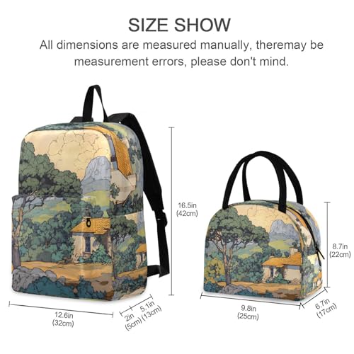 Art Painting Landscape Print Backpack Set with Lunch Bag, Large Capacity Travel Backpacks and Lunch Box Insulated for Commute Hiking Picnic2