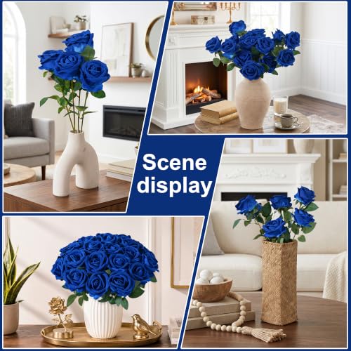 Image of 50 PCS Blue Roses Artificial Flowers, Fake Roses with Stem Realistic Silk Roses for DIY Wedding Bouquets Tables Centerpieces Arrangements Baby Shower Birthday Home Decor Independence Day Gift for Her